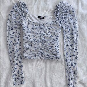Misguided white and blue floral print ruched crop top
